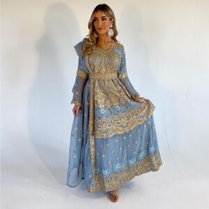 Shaadi Ki Raat in a dainty light blue and gold look,
DAANI lengha style.